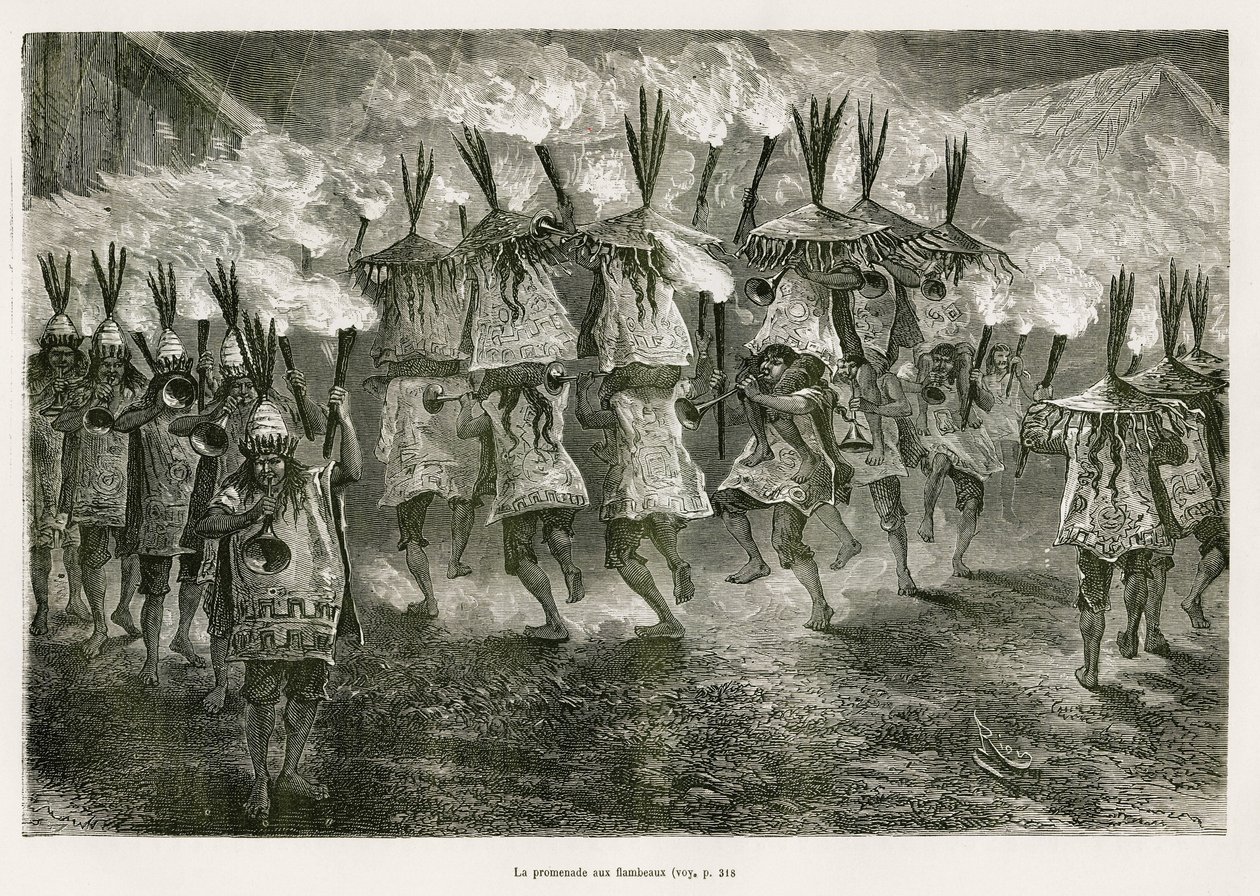 Spacer z pochodniami ulicami San Jose, rysunek E.Riou, aby zilustrować podróż po regionie Titicaca i dolinach wschodniej części Dolnego Peru, w 1873 roku autorstwa Paula Marcoya. Grawerowanie w Le tour du monde autorstwa Edouard Riou