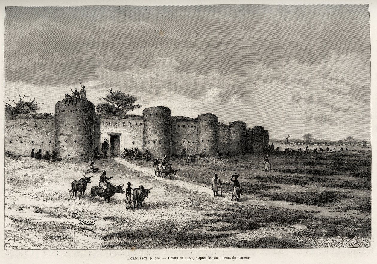 Miasto Tiong-Gi (Tiong Gi, Mali) z fortyfikacjami i glinianymi wieżami. Grawerowanie wykonane przez Riou, aby zilustrować historię „Od Nigru do Zatoki Gwinejskiej” autorstwa kapitana Louisa Gustave