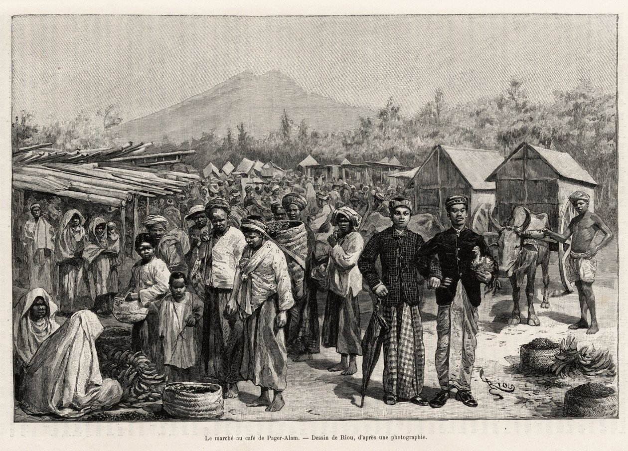 Spacer w Pager Alam Cafe (Malezja). Grawerowanie autorstwa Riou ilustrujące historię „rok w Malezji” autorstwa Jules Claine (1856-1939) autorstwa Edouard Riou