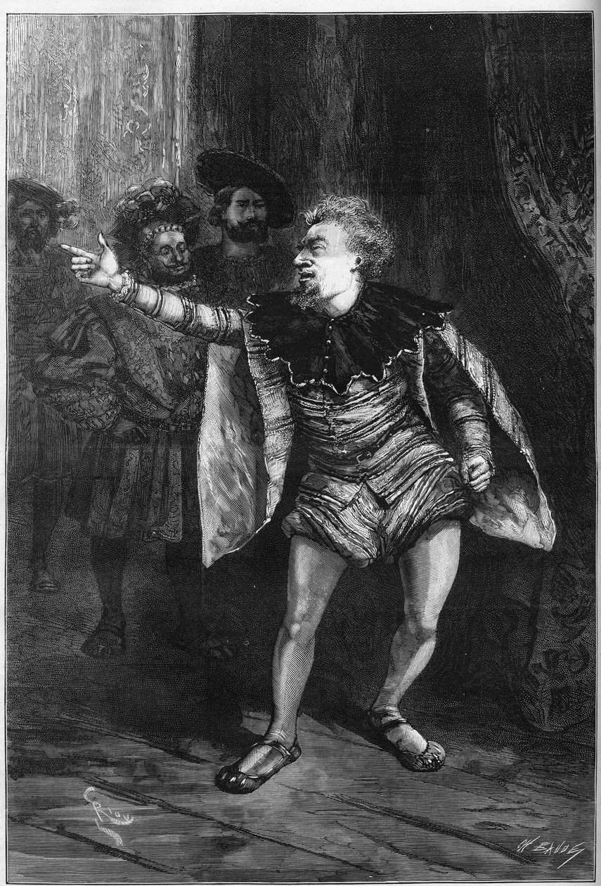 Przedstawienie teatralne: „Król się bawi” Victora Hugo (1808-1883). Akt III scena III: Przedsionek Luwru, Triboulet (Edmond Got autorstwa Edouard Riou