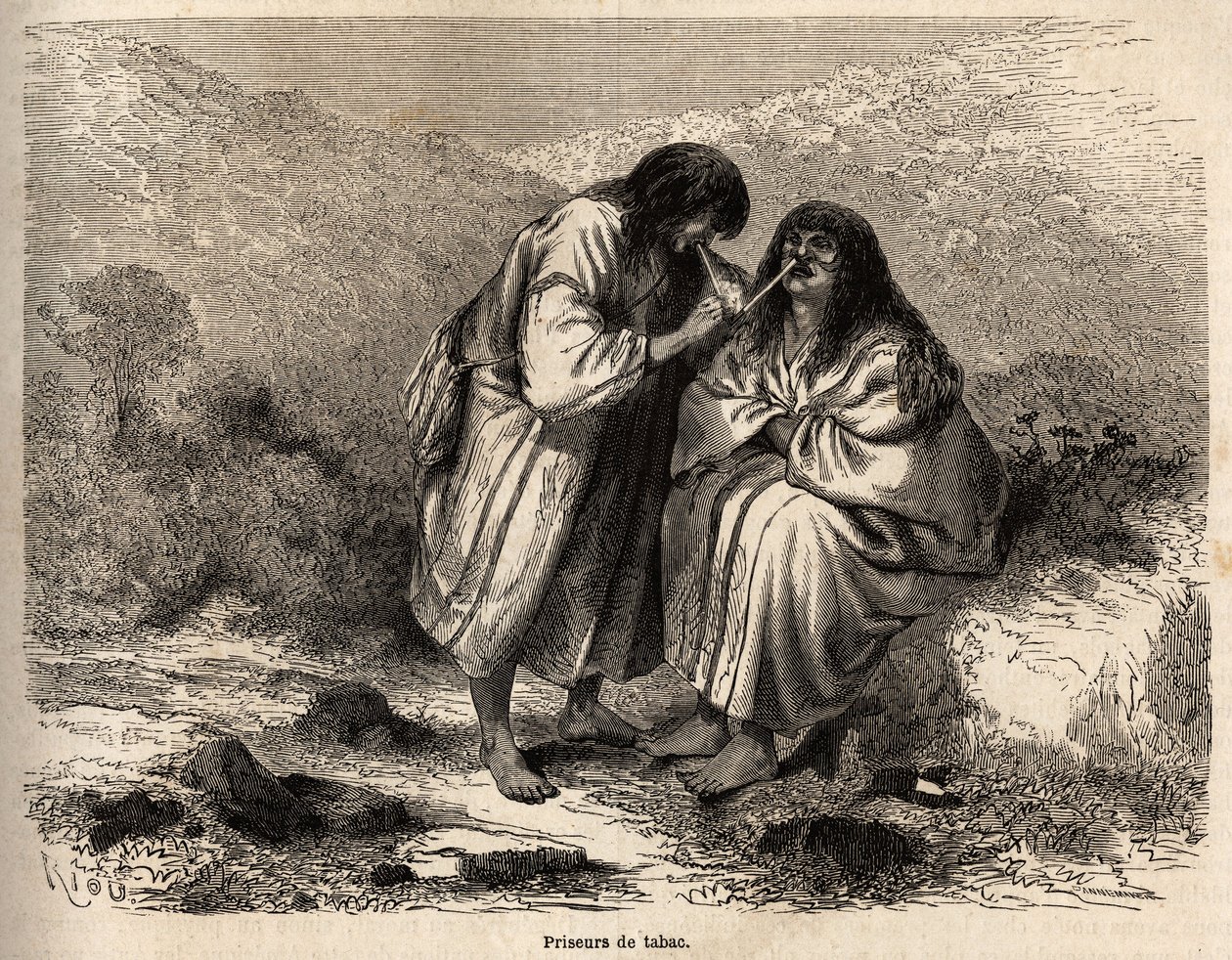 Licytatorzy tytoniu, makijaż według tradycji plemienia Antis (Peru), rysunek Riou, ilustrujący podróż Paula Marcoya z Oceanu Spokojnego do Oceanu Atlantyckiego w latach 1848-1860. Grawer „”Le tour du monde””, edytowany przez Edouarda autorstwa Edouard Riou