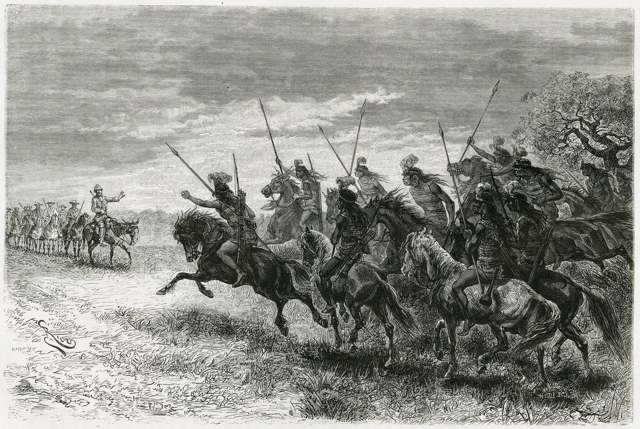Indianie Tobas (z regionu Chaco, między Paragwajem a Boliwią) odmawiający przejścia do kolumny ekspedycji Thouara. Grawerowanie wykonane przez Riou, aby zilustrować historię „W poszukiwaniu pozostałości misji Crevaux””, w 1884 r., A. Thouar (1853- disapp autorstwa Edouard Riou