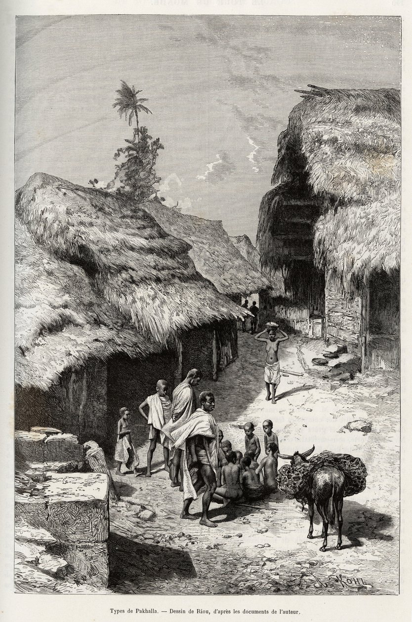Rodzaje Pakhali (Wybrzeże Kości Słoniowej). Grawerowanie autorstwa Riou, ilustrujące historię „Od Nigru do Zatoki Gwinejskiej” autorstwa kapitana Louisa Gustave