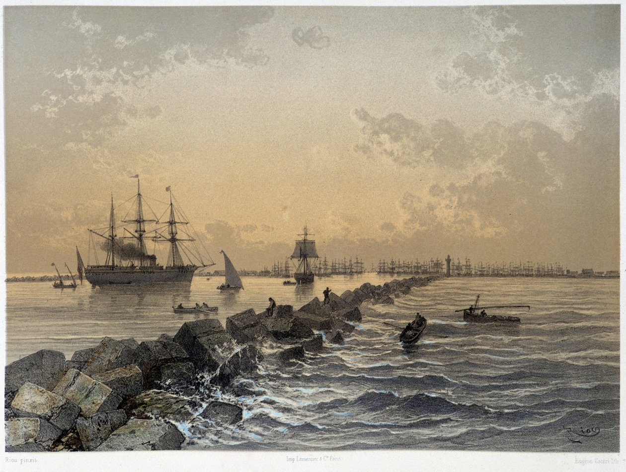 Widok na Kanał w „”Inauguracja Kanału Sueskiego przez G. Nicole. 1869 autorstwa Edouard Riou