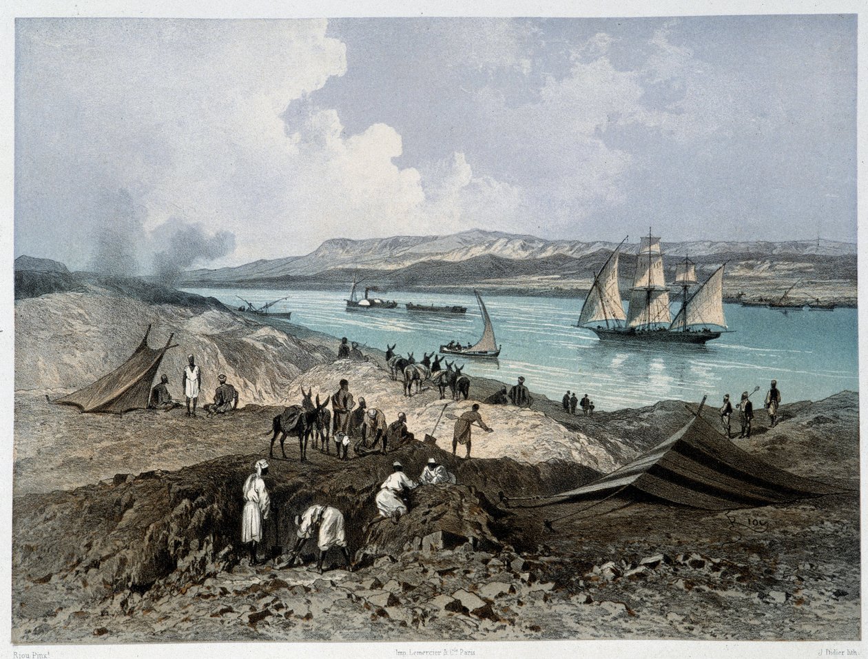 Widok na kanał w „”Inauguracja Kanału Sueskiego przez G. Nicole. 1869 autorstwa Edouard Riou