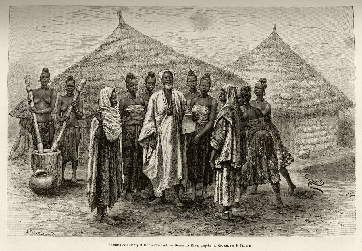Kobiety z Samory Toure (ok. 1835-1898) dowódczyni wojenna pętli Nigru i ich przełożony Sonninke, który umie czytać i pisać po arabsku, o czym świadczy papier, który trzyma w ręku. Grawer autorstwa Riou, ilustrujący historię „Od Nigru do Zatoki” autorstwa Edouard Riou