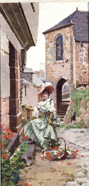 Paryżanka z koszem kwiatów (panel) autorstwa Edouard Toudouze
