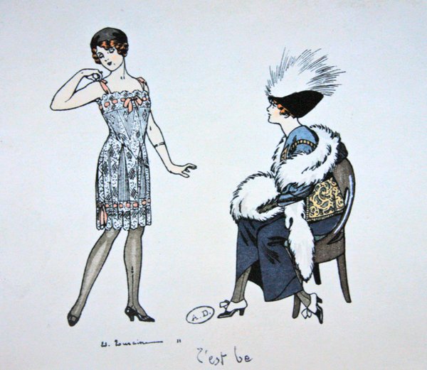 Manekin pokazujący klientowi halkę, ok. 1912 (litografia kolorowa) autorstwa Edouard Touraine