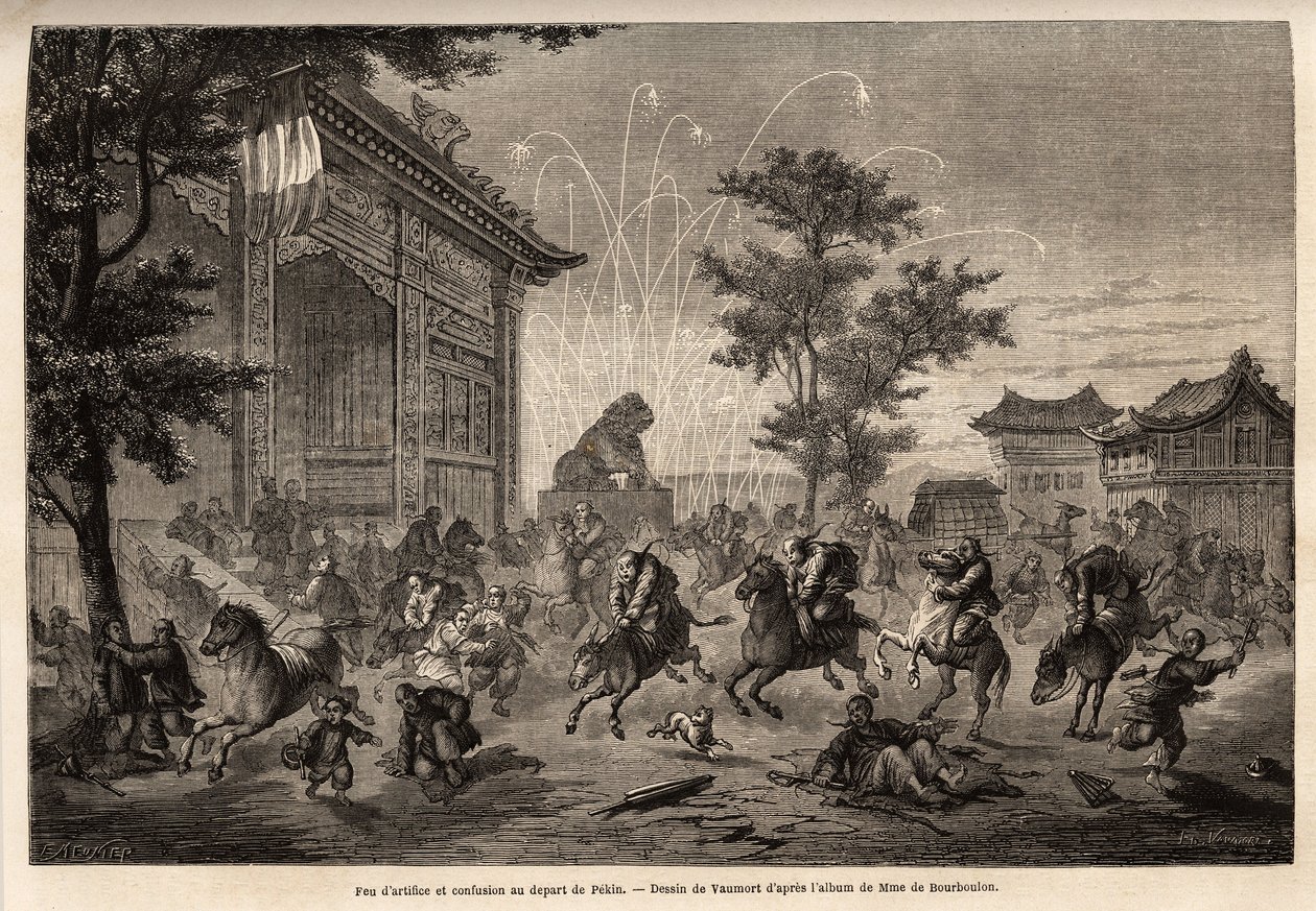 Fajerwerki w Pekinie i zamieszanie załogi poselstwa francuskiego podczas wyjazdu do Mongolii. Rysunek autorstwa Vaumorta (? -1886), ilustrujący podróż z Szanghaju do Moskwy w latach 1859-1862 pana de Bourboulon, francuskiego ministra do Chin. Rytownictwo autorstwa Edouard Vaumort