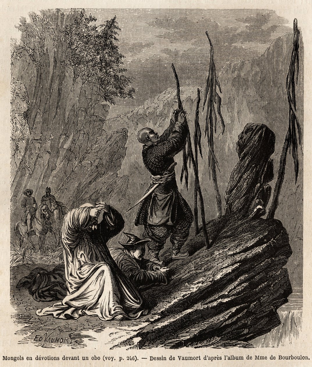 Mongołowie w oddaniu obo, w pobliżu gór Bakka i Mongolia, rysunek Vaumorta (?-1886) ilustrujący podróż z Szanghaju do Moskwy, w latach 1859-1862, pana de Bourboulon, francuskiego ministra do Chin. Grawerowanie w „”Le tour du monde””, edytuj autorstwa Edouard Vaumort