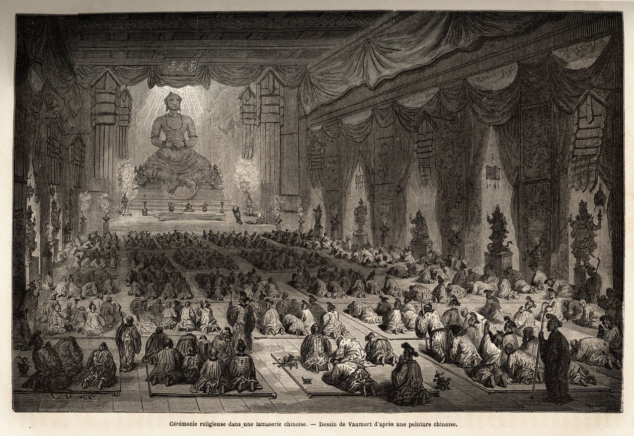 Ceremonia religijna w chińskiej lamasserie, rysunek Vaumorta (? -1886), ilustrujący podróż z Szanghaju do Moskwy w latach 1859-1862 pana de Bourboulon, francuskiego ministra do Chin. Grawerowanie w „”Le tour du monde””, pod redakcją Edouarda Chartona autorstwa Edouard Vaumort