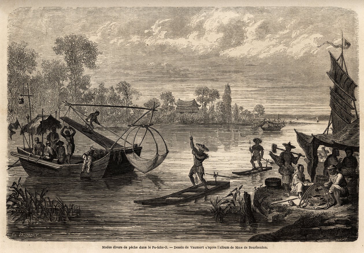 Opisano różne metody łowienia na rzekach w prowincji Pet Tche Li (połowy ogniowe, trójzębowe, rybne, szachowe i brzegowe). Rysunek Vaumorta (? -1886), ilustrujący podróż z Szanghaju do Moskwy, od 185 autorstwa Edouard Vaumort