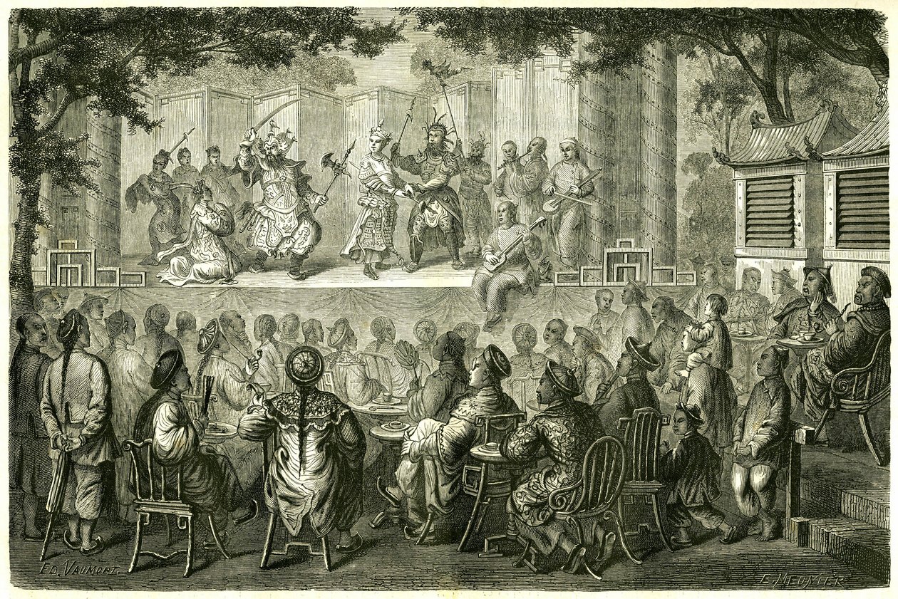 Widok na przedstawienie Opery Pekin (Pekin), Chiny, według historii podróży Madame de Bourboulon. Grawer według rysunku Vaumorta, w „”Le Tour du Monde, Nouveau journal des Voyages””, pod redakcją Edouarda Chartona, Paryż autorstwa Edouard Vaumort