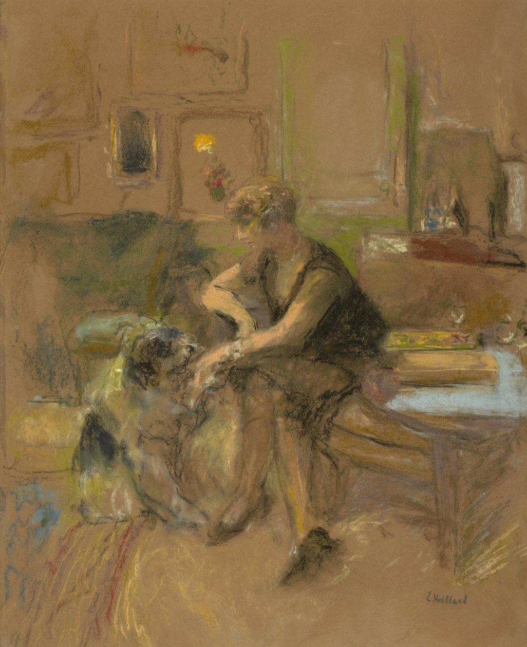 Gabrielle Jonas bawi się z psem, 1927 autorstwa Edouard Vuillard