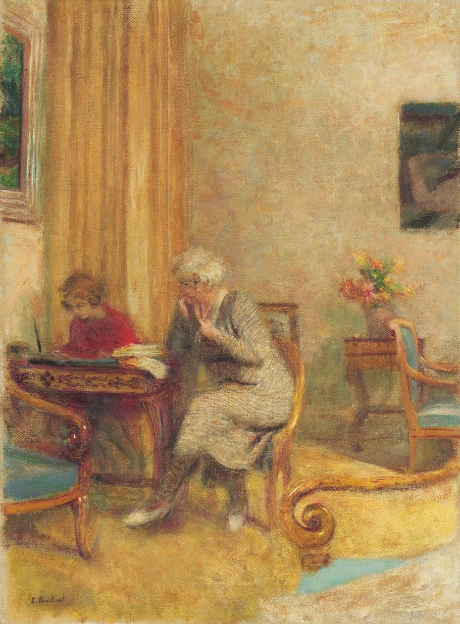 Madam Hessel i Lulu w Małym Salonie Glinki; Madame Hessel i Lulu w małym salonie Les Clayes, ok. 1934-1935 autorstwa Edouard Vuillard