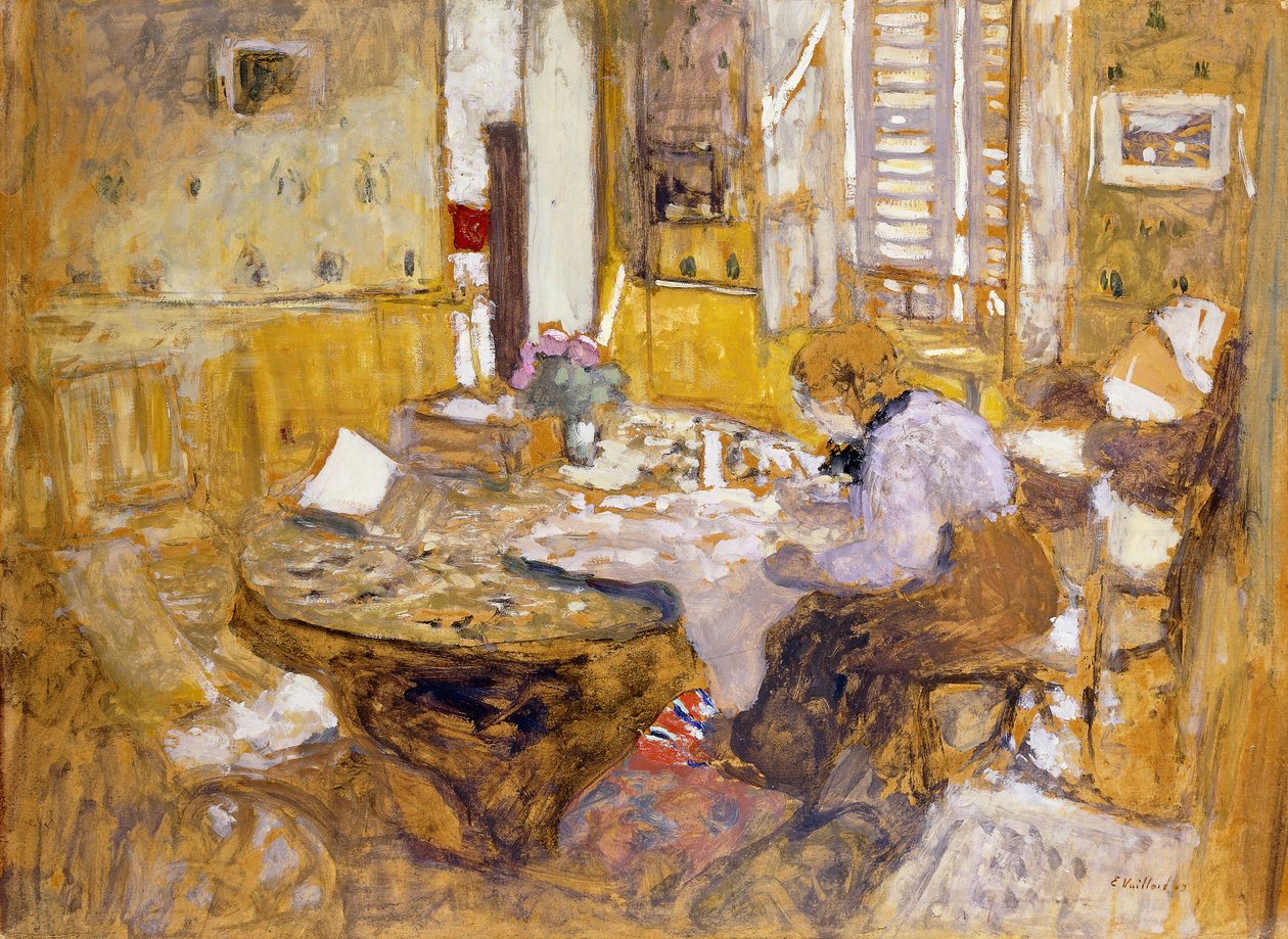 Madame Vuillard czyta w jadalni, rue Truffaut; Madame Vuillard czyta w pokoju? Jedzenie, rue Truffant, 1903 autorstwa Edouard Vuillard