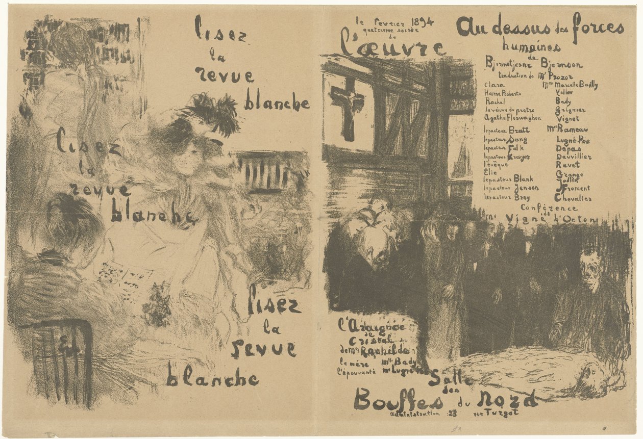 Okładka broszury programowej z reklamą La Revue Blanche i zapowiedzią sztuki Au-dessus des force humaines Lisez la revue blanche Au-dessus des force humaines autorstwa Edouard Vuillard