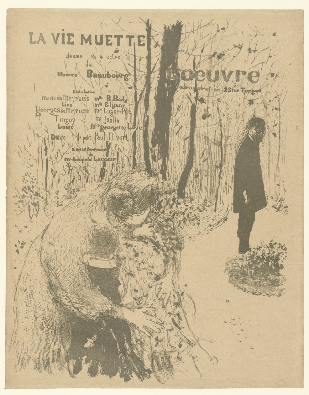 Okładka broszury programowej z kobietą z dwójką dzieci i mężczyzną w parku do zabawy La vie muette z listą ról i aktorów La vie muette autorstwa Edouard Vuillard