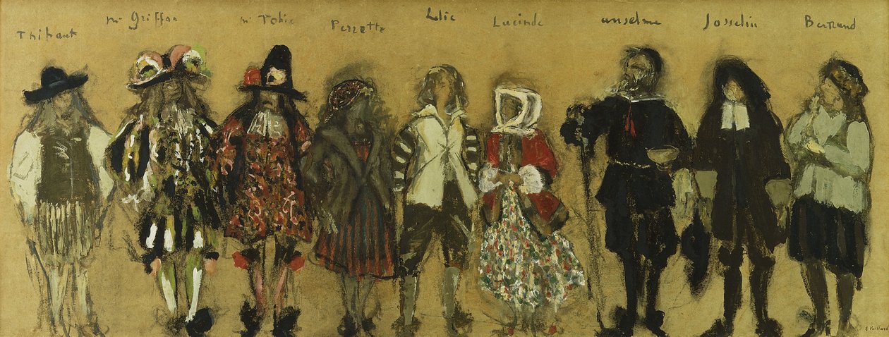 Studium kostiumów dla dziewięciu aktorów w „La Coupe Enchantee” dla Jeana de la Fountaine; Studia kostiumowe dla dziewięciu postaci zaczarowanego kielicha autorstwa Jean de la Fontaine, 1918 autorstwa Edouard Vuillard