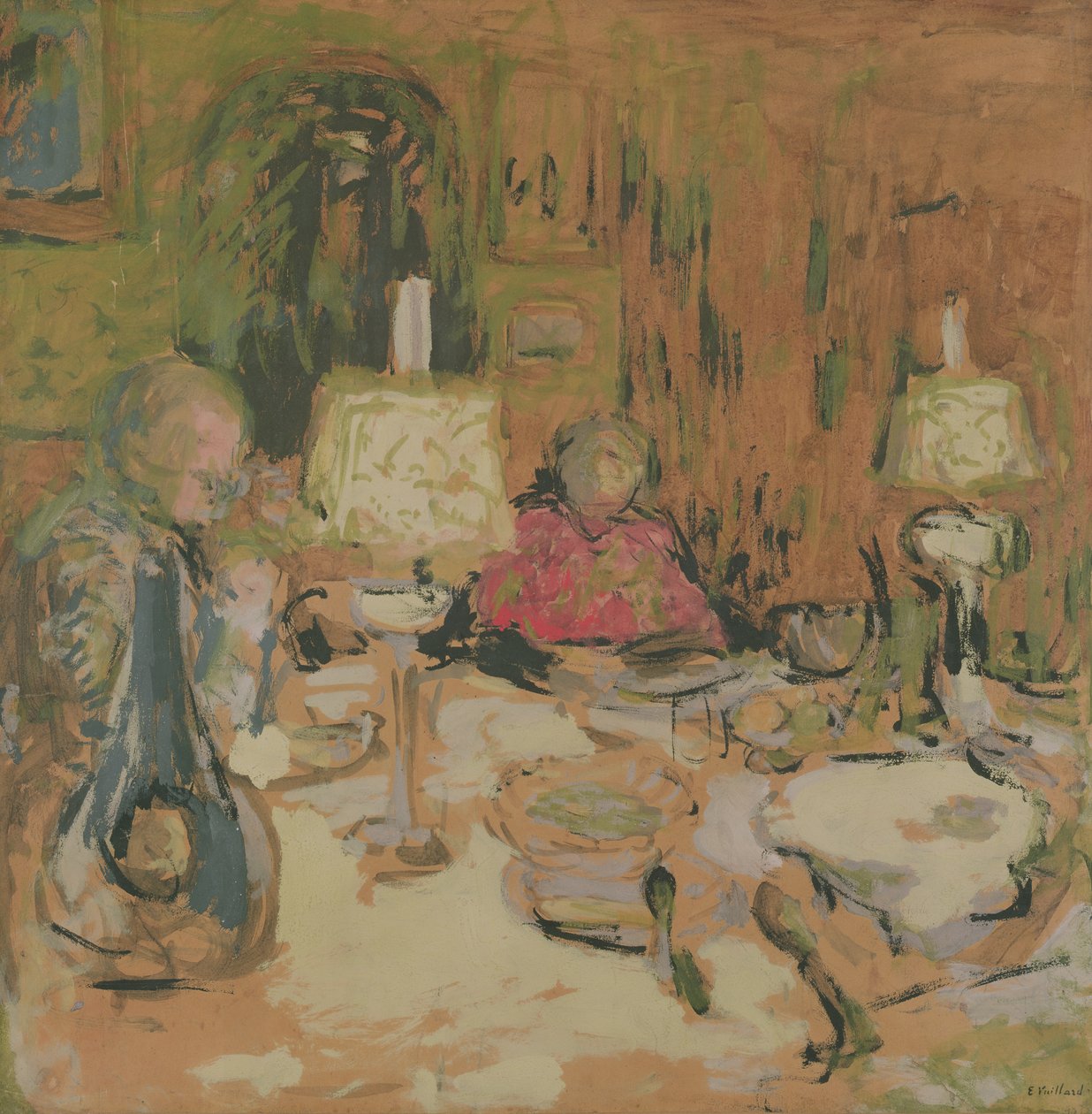 Kolacja z dwiema lampami, rue de Calais, 1913 (tempera na brązowym papierze) autorstwa Edouard Vuillard