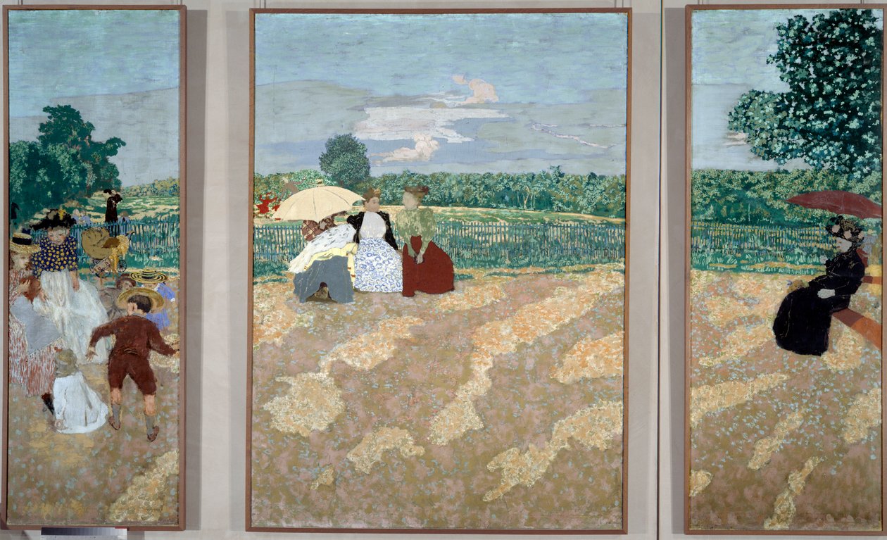 Ogrody publiczne: Pielęgniarki, Rozmowa i czerwony parasol - Tryptyk do dekoracji dworu Alexandre Natansona autorstwa Edouard Vuillard
