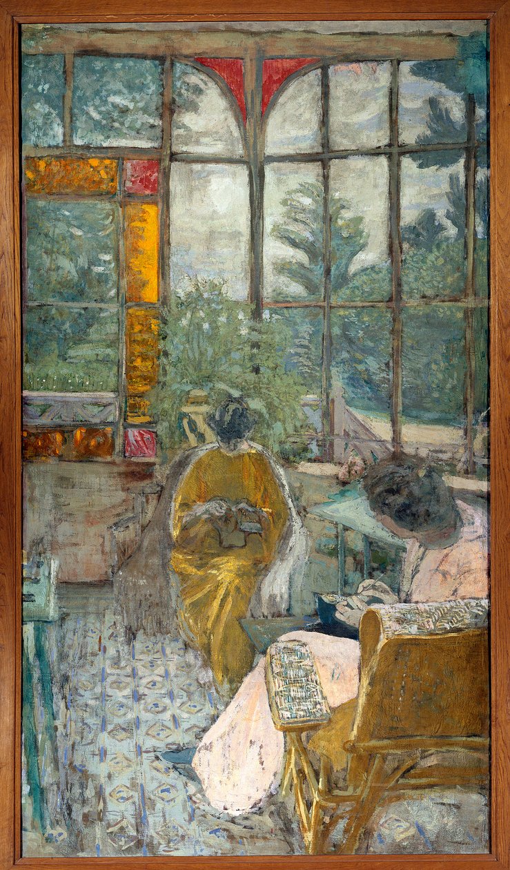 Dwie kobiety haftujące pod werandą. Lucie Hessel i aktorka Marthe Mellot autorstwa Edouard Vuillard