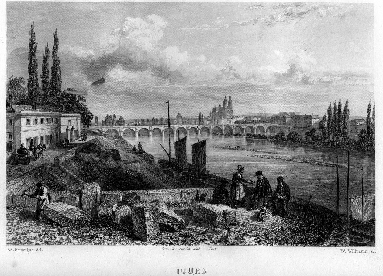 Widok na miasto Tour, Indre-et-Loire (Indre et Loire), Centrum, Francja. Grawerowanie Willmanna w „Antycznej i współczesnej Francji” Jean-Bernard Mary-Lafon (Jean Bernard Mary Lafon) autorstwa Edouard Willmann