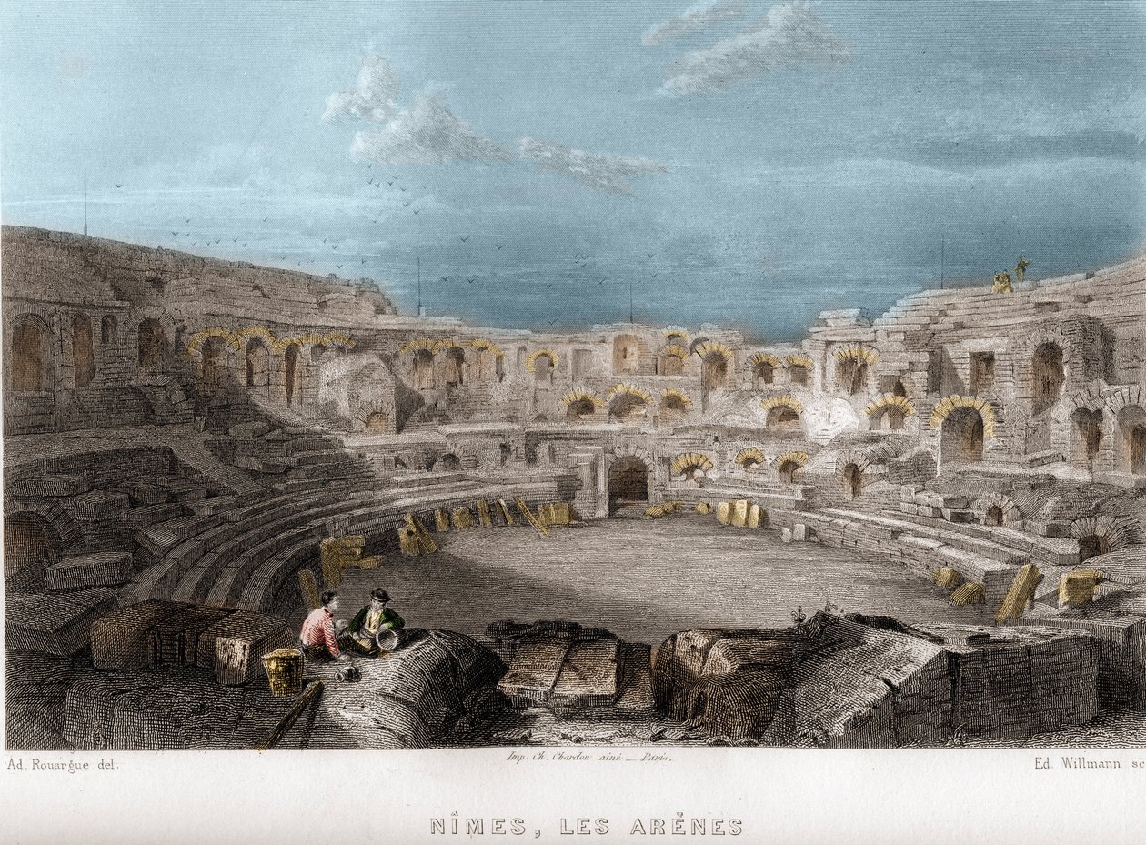 Arenas of Nimes, Gard, Langwedocja-Roussillon (Languedoc Roussillon), Francja. Grawerowanie Willmanna w „Antycznej i współczesnej Francji” Jean-Bernard Mary-Lafon (Jean Bernard Mary Lafon) autorstwa Edouard Willmann