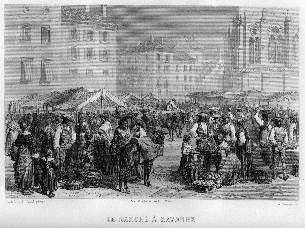 Marche w Bayonne, Pyrenees-Atlantiques (Pyrenees Atlantiques), Akwitania, Francja. Grawerowanie Willmanna w „Antycznej i współczesnej Francji” Jean-Bernard Mary-Lafon (Jean Bernard Mary Lafon) autorstwa Edouard Willmann