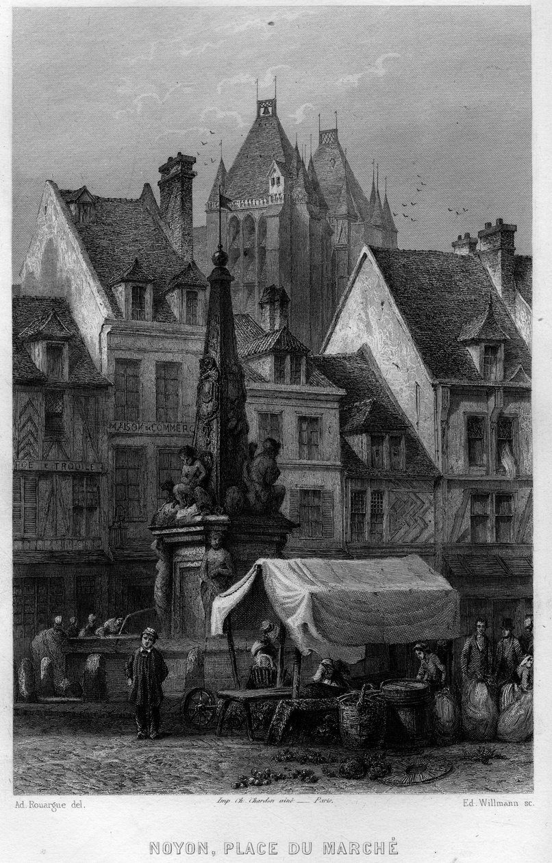 Place du Marche w miejscowości Noyon, Oise, Pikardia, Francja. Grawerowanie Willmanna w „Antycznej i współczesnej Francji” Jean-Bernard Mary-Lafon (Jean Bernard Mary Lafon) autorstwa Edouard Willmann