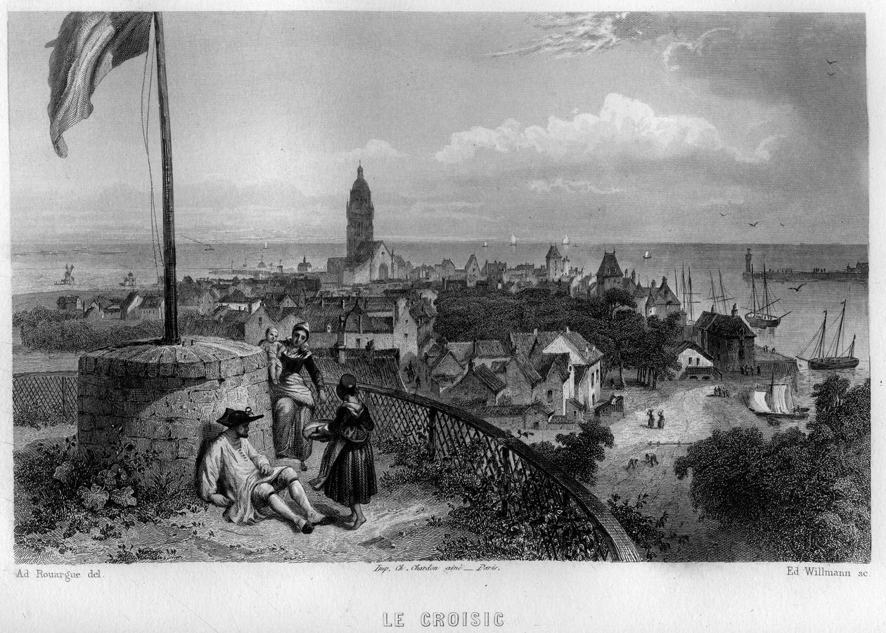 Widok na miasto Croisic (Le Croisic), Loire-Atlantique (Loire Atlantique), Pays de la Loire, Francja. Grawerowanie Willmanna w „Antycznej i współczesnej Francji” Jean-Bernard Mary-Lafon (Jean Bernard Mary Lafon) autorstwa Edouard Willmann