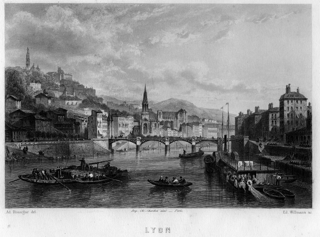 Widok na miasto Lyon, departament Rodan, region Rodan-Alpy, Francja. Grawer Willmanna w „La France ancienne et moderne” Jean-Bernard Mary-Lafon (Jean Bernard Mary Lafon) autorstwa Edouard Willmann