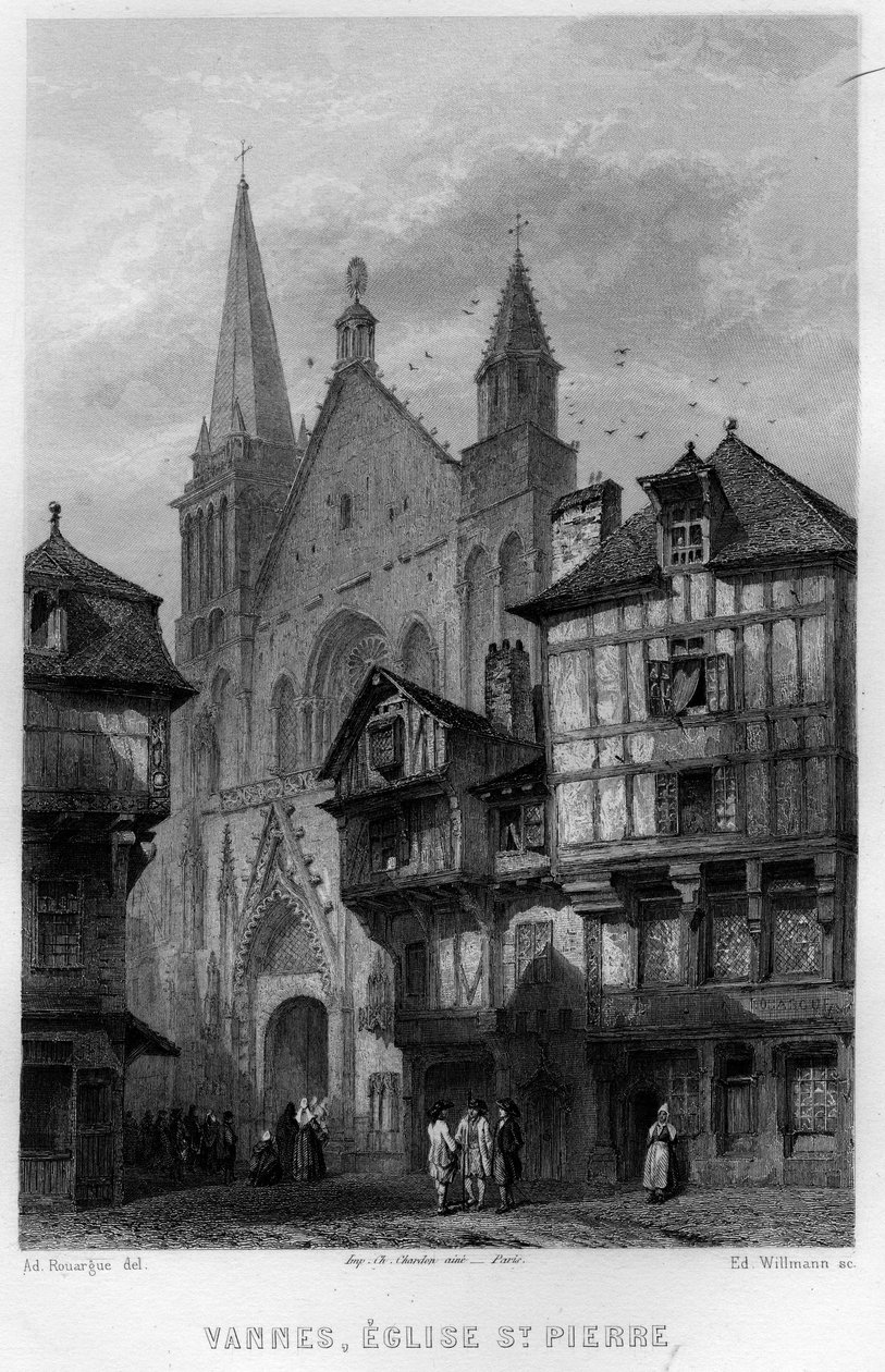 Widok na miasto Vannes i kościół Saint Pierre, Morbihan, Bretania, Francja. Grawer Willmanna w „La France ancienne et moderne” Jean-Bernard Mary-Lafon (Jean Bernard Mary Lafon) autorstwa Edouard Willmann
