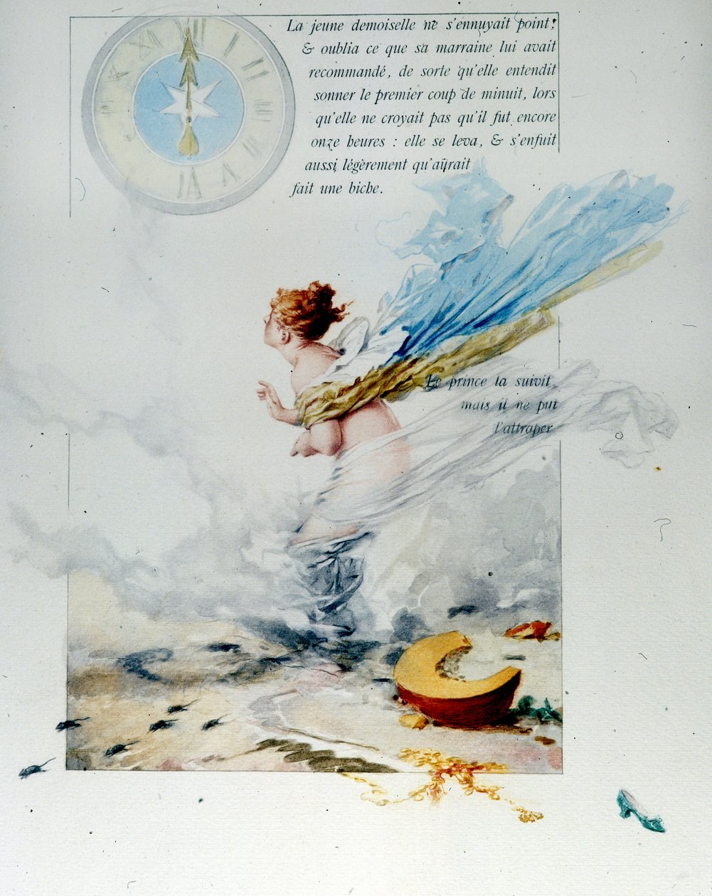 Charles Perrault (1628-1703): „”Kopciuszek””””1697. Ilustracja autorstwa Edouarda de Beaumont (1887) przedstawia Kopciuszka uciekającego po dwunastym wybiciu północy, gubiąc but. Konie znów stają się szczurami, a powóz zamienia się w dynię. autorstwa Edouard de (after) Beaumont
