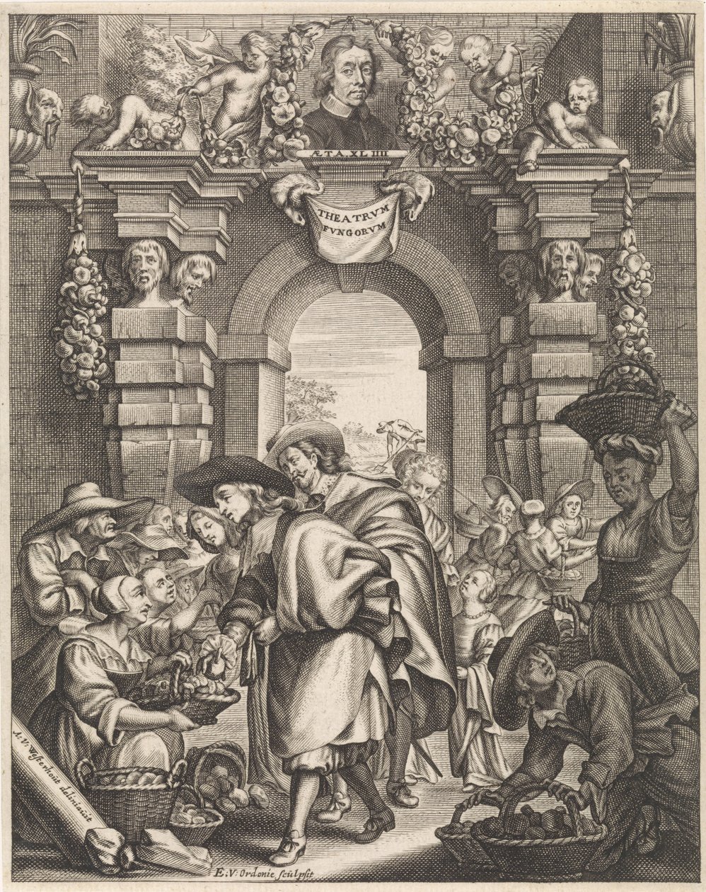 Dwóch panów kupuje grzyby na targu Ilustracja tytułowa dla: F. van Sterbeeck, Theatrum Fungorum oft het tooneel der Campernoelien, 1675 autorstwa Edouard van Ordonie