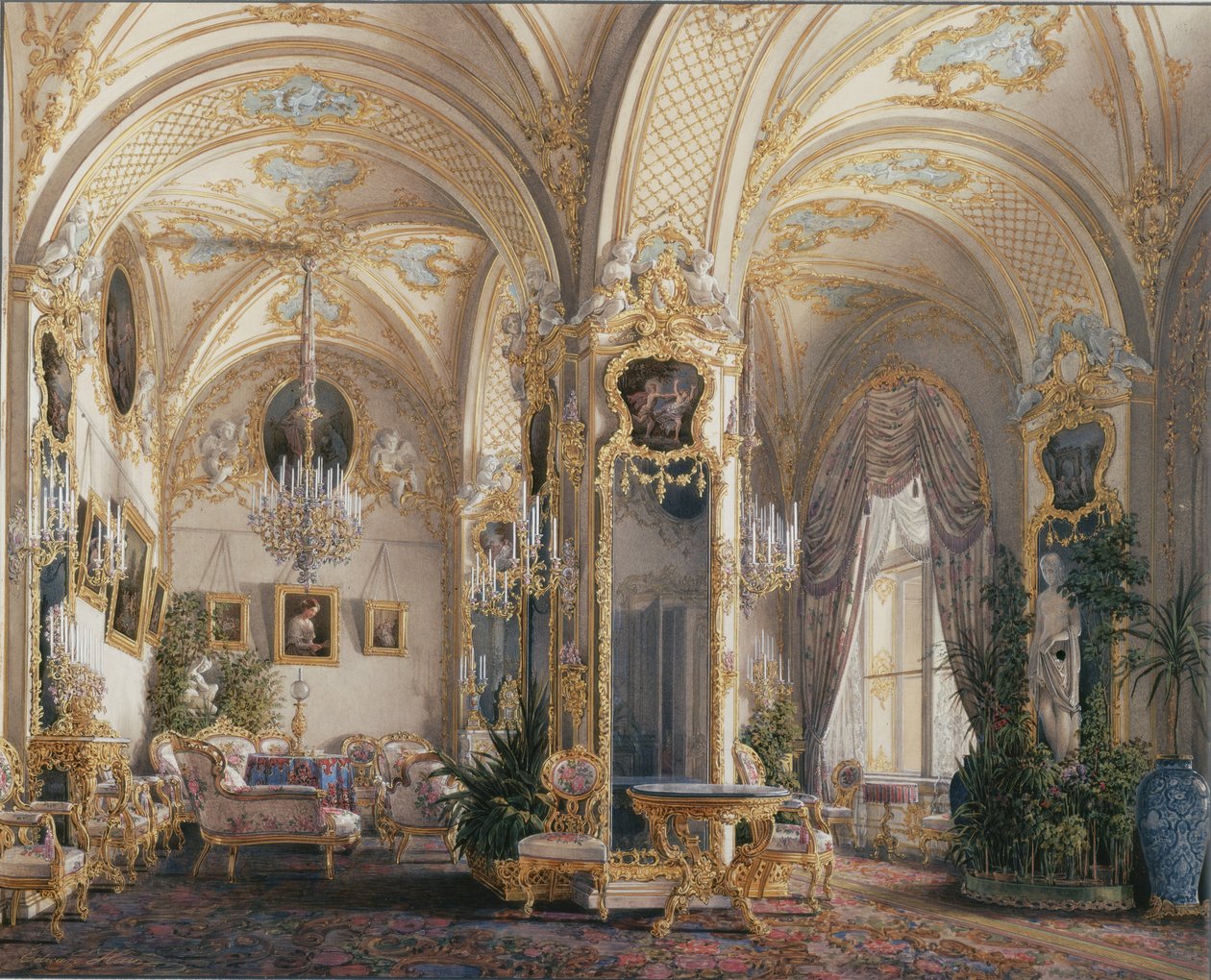 Wnętrza Pałacu Zimowego. Salonik w stylu rokoko z amorkami, lata 60. XIX wieku autorstwa Eduard Hau