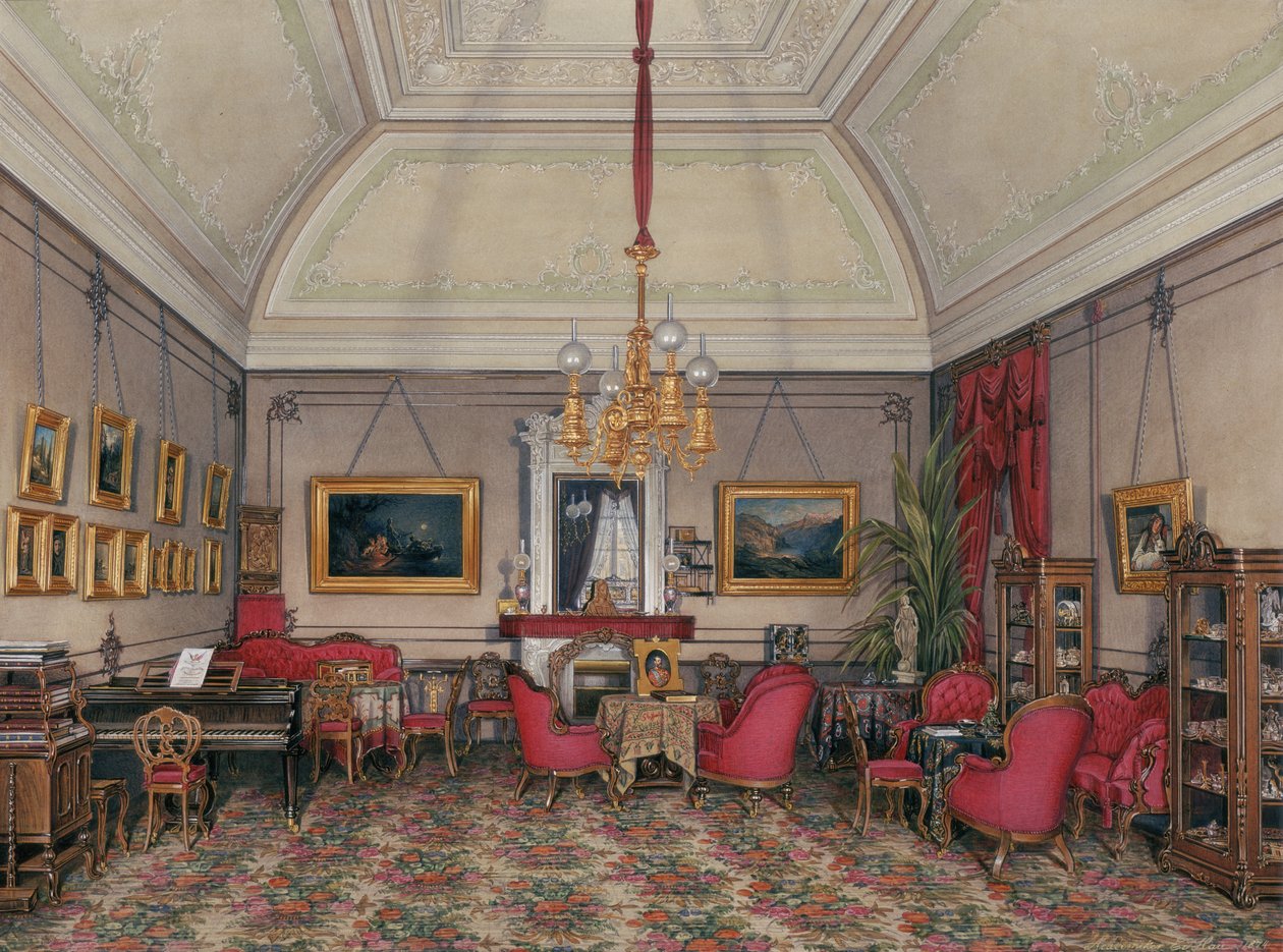 Wnętrza Pałacu Zimowego. Piąte zarezerwowane mieszkanie. Salon Wielkiej Księżnej Marii Aleksandrownej, 1874 autorstwa Eduard Hau
