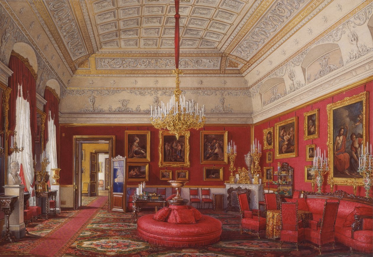 Wnętrza Pałacu Zimowego. Pierwszy zarezerwowany apartament. Wielki Gabinet Wielkiej Księżnej Marii Nikołajewnej, 1867 autorstwa Eduard Hau