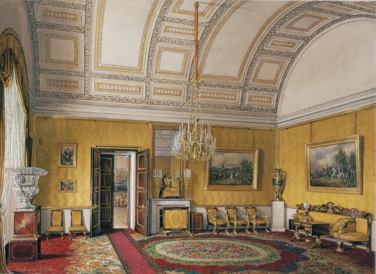 Wnętrza Pałacu Zimowego. Pierwszy zarezerwowany apartament. Żółty Salon Wielkiej Księżnej Marii Nikołajewnej, 1866 autorstwa Eduard Hau