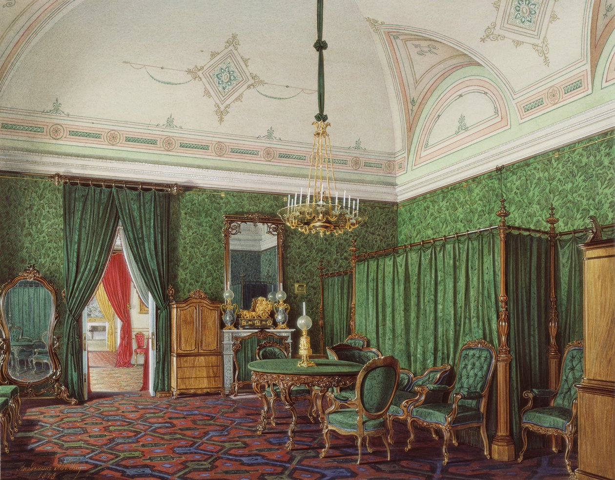Wnętrza Pałacu Zimowego. Trzecie zarezerwowane mieszkanie. Sypialnia, 1873 autorstwa Eduard Hau