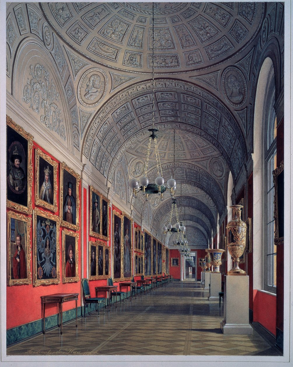 Nowy Ermitaż, Galeria Romanowów, Strona północna (Nowy Ermitaż, Galeria Romanowów, Strona północna). Praca Eduarda (Edouarda) Hau (1807-1887), akwarela na papierze 1864. Sztuka rosyjska XIX w. Państwowy Ermitaż w Sankt Petersburgu. autorstwa Eduard Hau