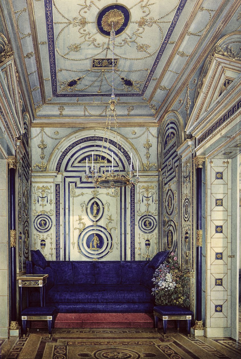 Błękitny gabinet w Grand Palais w Carskim Siole, przed 1840 r. (wc, gwasz i tusz na papierze) autorstwa Eduard Hau