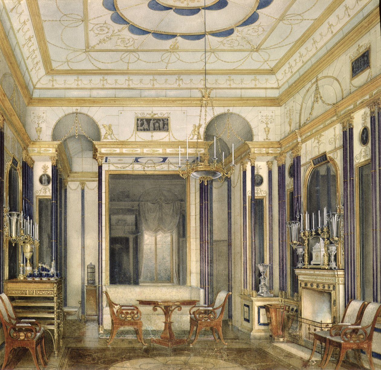 Salon Cesarzowej Marii Aleksandrowny w Wielkim Pałacu w Carskim Siole (wc, gwasz i tusz na papierze) autorstwa Eduard Hau