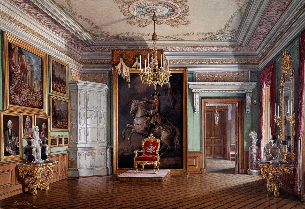 Widok sali tronowej Pawła I (1754-1801) w Gatchinie, w centrum portret Piotra I Akwarela Eduarda (Edwarda) Hau (1807-1870) XIX-wieczny Saint Petersbour, Ermitaż autorstwa Eduard Hau