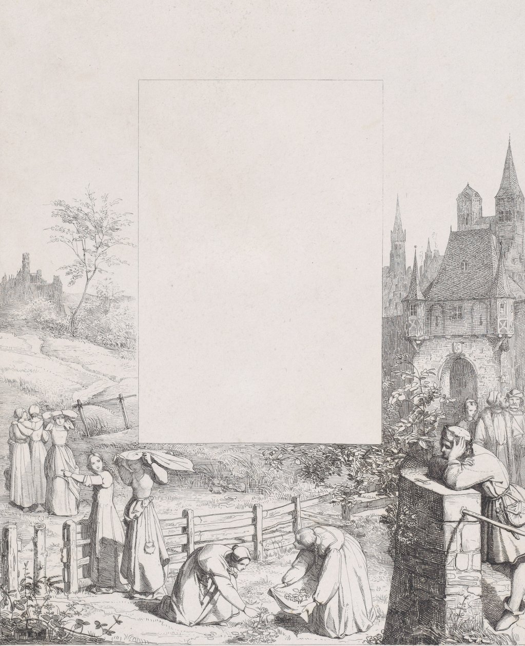 Ilustracja 5: kobiety zbierające rośliny i niosące je nad głowami, mężczyzna widz w ri..., 1836. autorstwa Eduard Julius Friedrich Bendemann