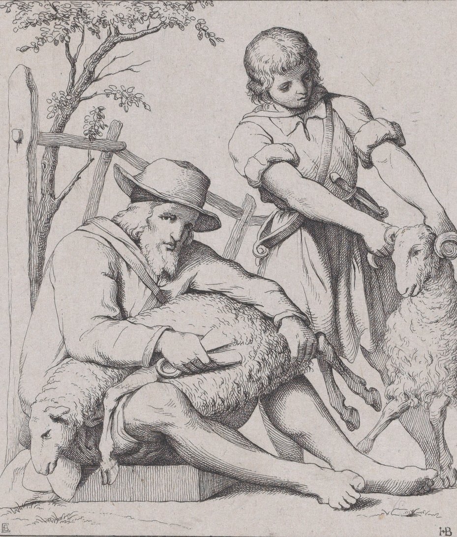 Dwóch mężczyzn do strzyżenia owiec, ok. godz. 1842. autorstwa Eduard Julius Friedrich Bendemann