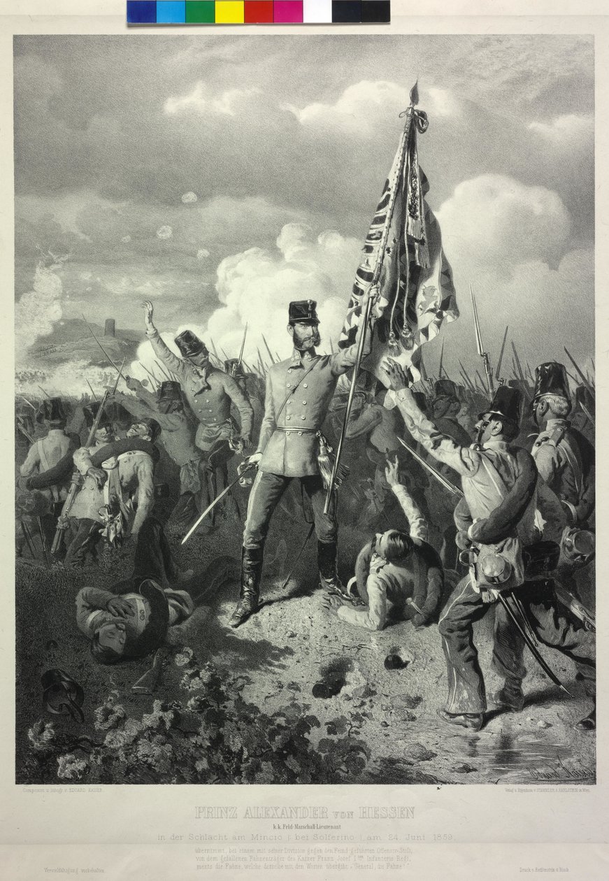 Książę Aleksander Heski k. k. marszałek polny porucznik w bitwie nad Mincio pod Solferino 24. Czerwiec 1859 autorstwa Eduard Kaiser