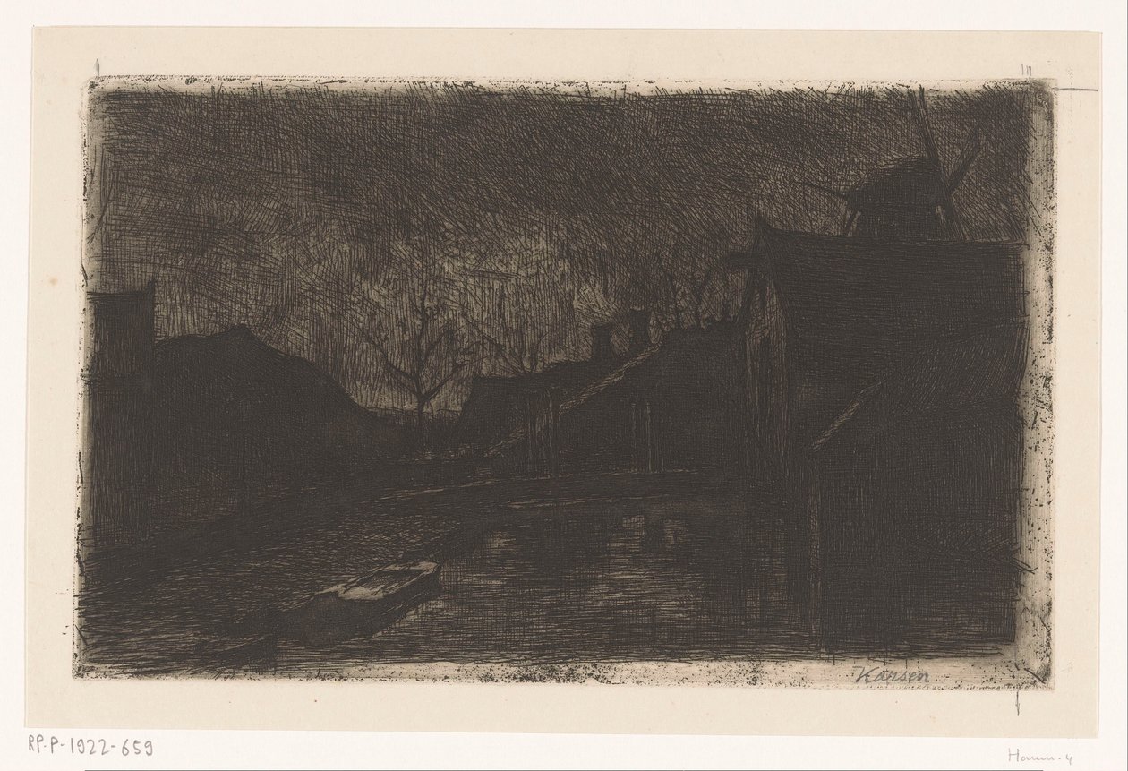 Krajobraz z domami i młynem nocą autorstwa Eduard Karsen (signed by artist)