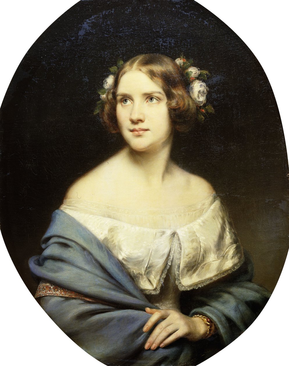 Portret Jenny Lind, stojącej do połowy długości w białej sukni i jasnoniebieskim szalu, autorstwa Eduard Magnus