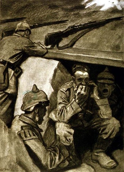 Narząd ustny w okopach, ilustracja z niemieckiego czasopisma „Simplicissimus”, ok. 1915 (lito) autorstwa Eduard Thöny